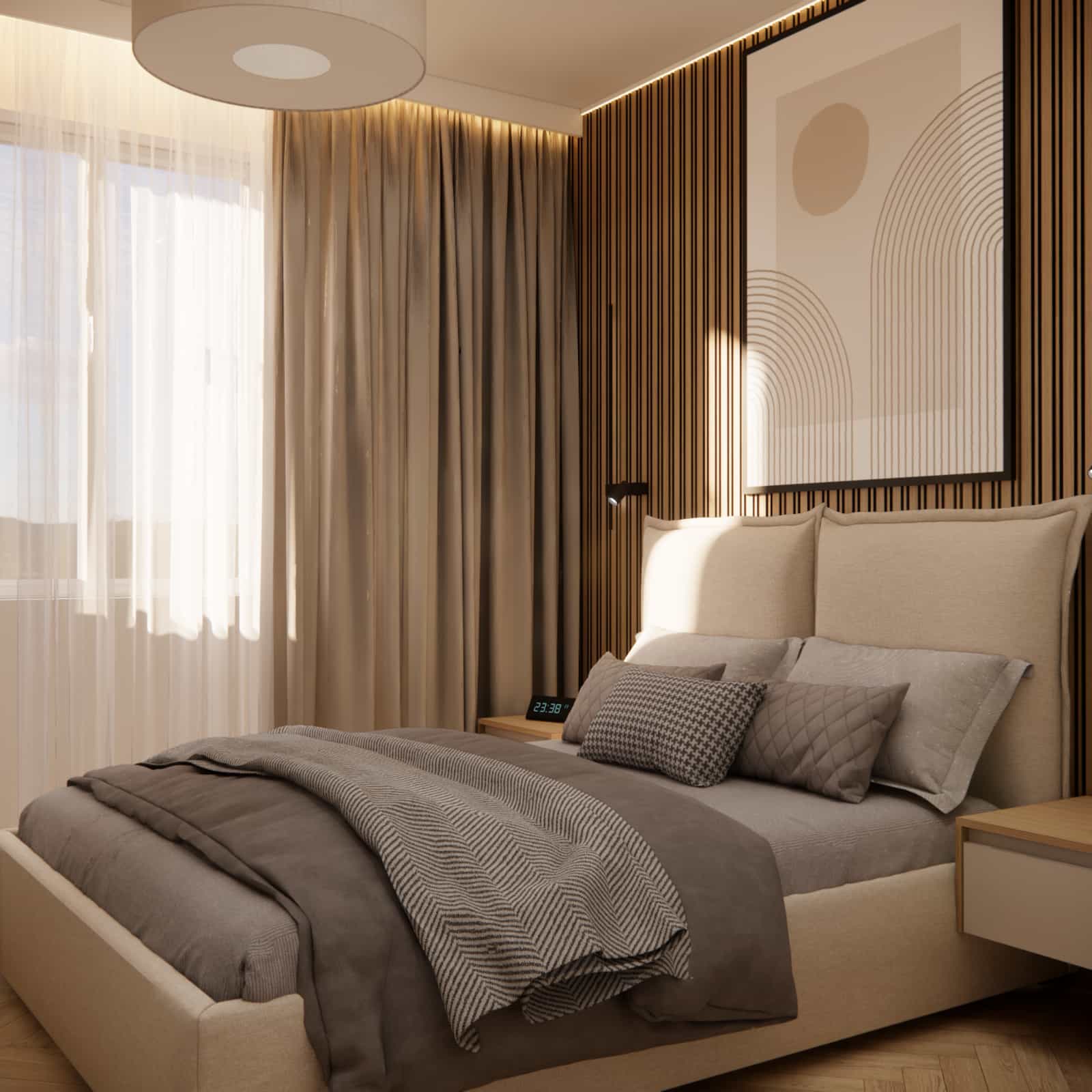 Bedroom in a 36m2 apartment – bright and calm interior arrangement