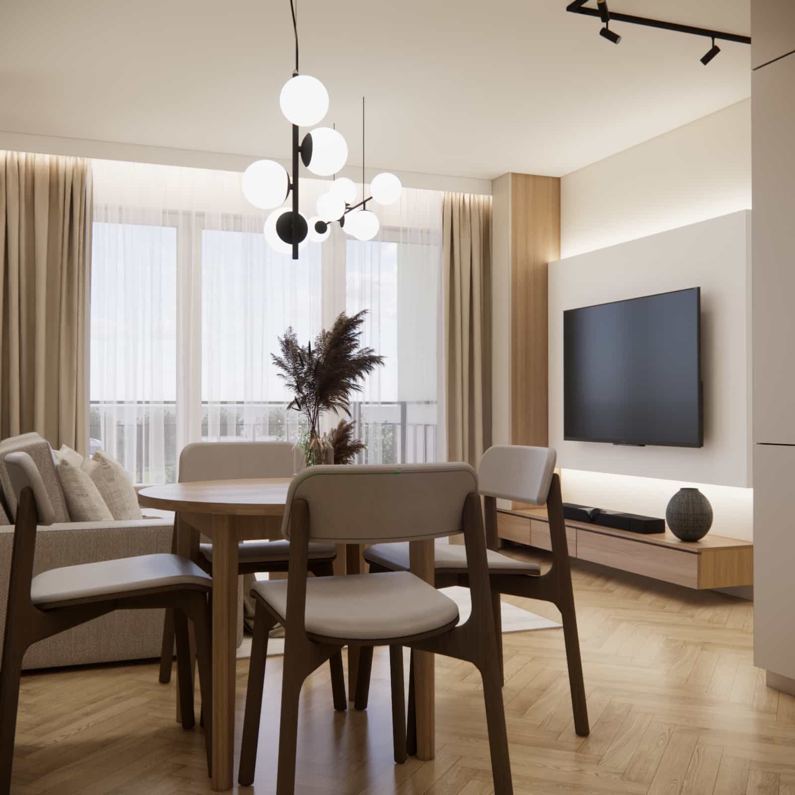 wooden dining table with chairs in a small 40m2 apartment connected with kitchen and living room