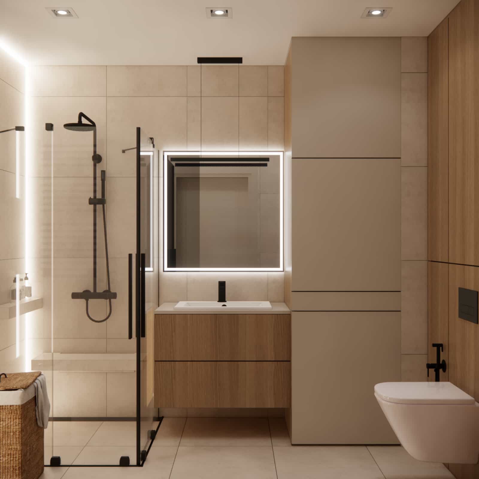 bathroom in 40m2 apartment with walk-in shower, wooden vanity and black fixtures