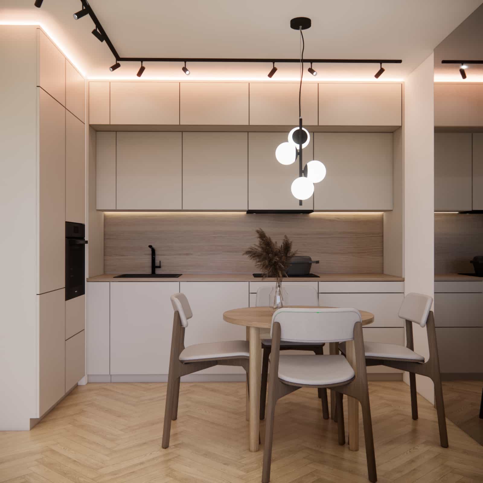 modern kitchen in a 40m2 apartment with beige cabinetry, wooden countertop and LED lighting