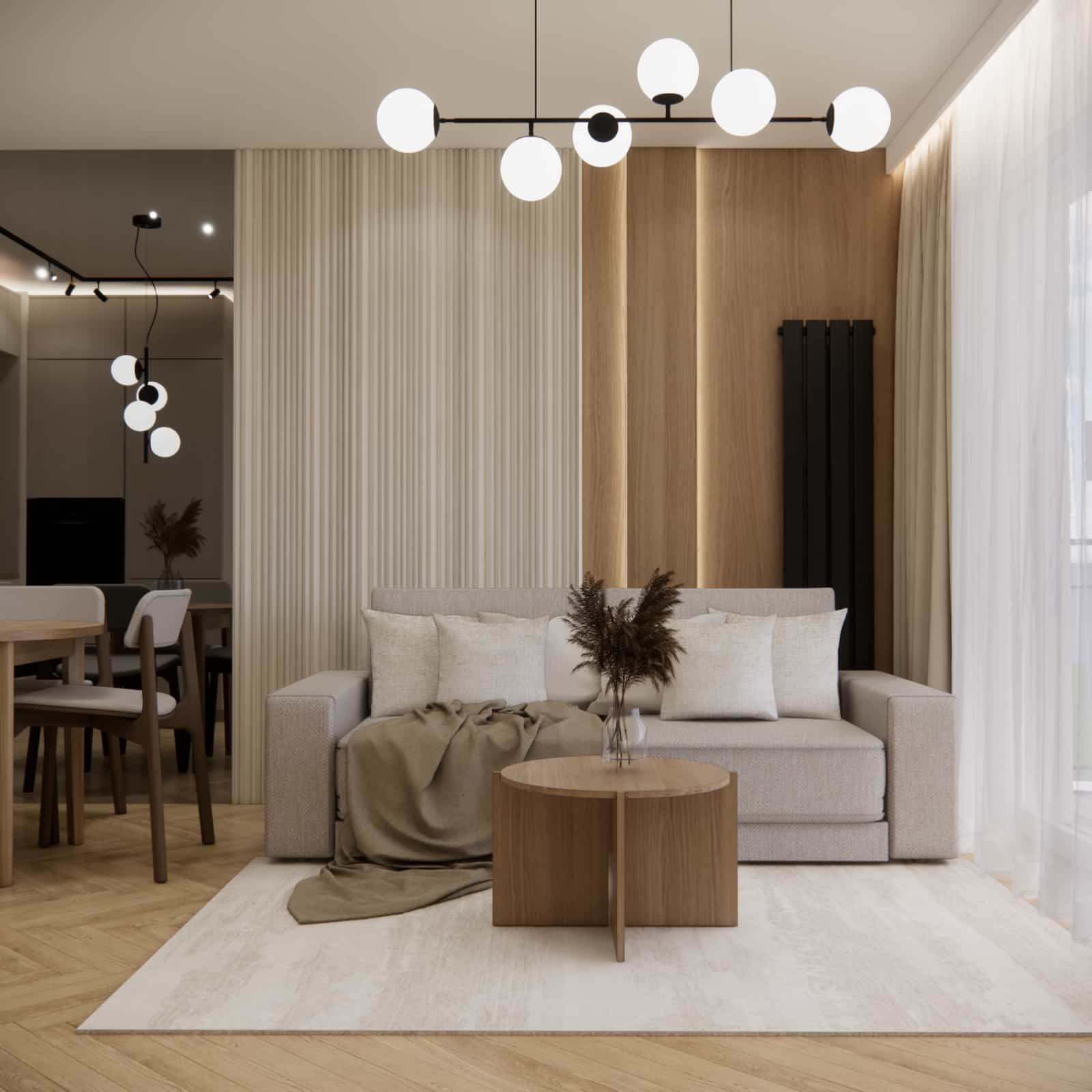 japandi living room with beige sofa, wooden coffee table and decorative wall panels