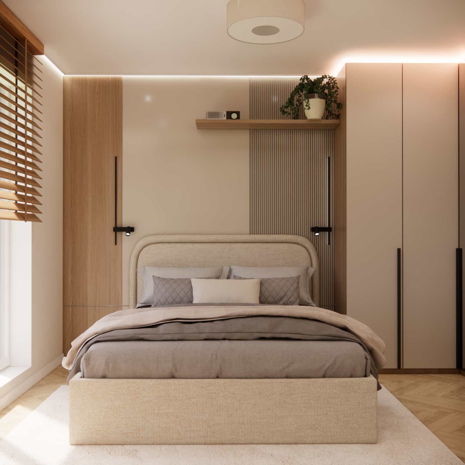 japandi bedroom with upholstered bed, wooden built-in furniture and beige wardrobe