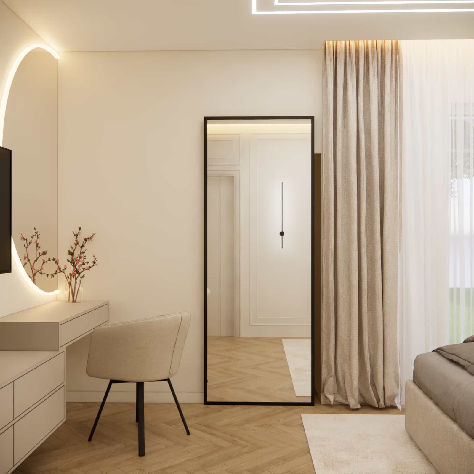 drzwi przesuwne z lustrem do garderoby w eleganckiej sypialni 13m2