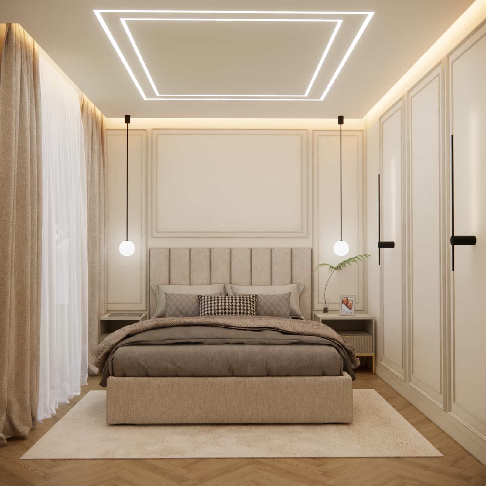 sypialnia 13m2 w ciepłej elegancji z tapicerowanym łóżkiem, sztukaterią i oświetleniem LED