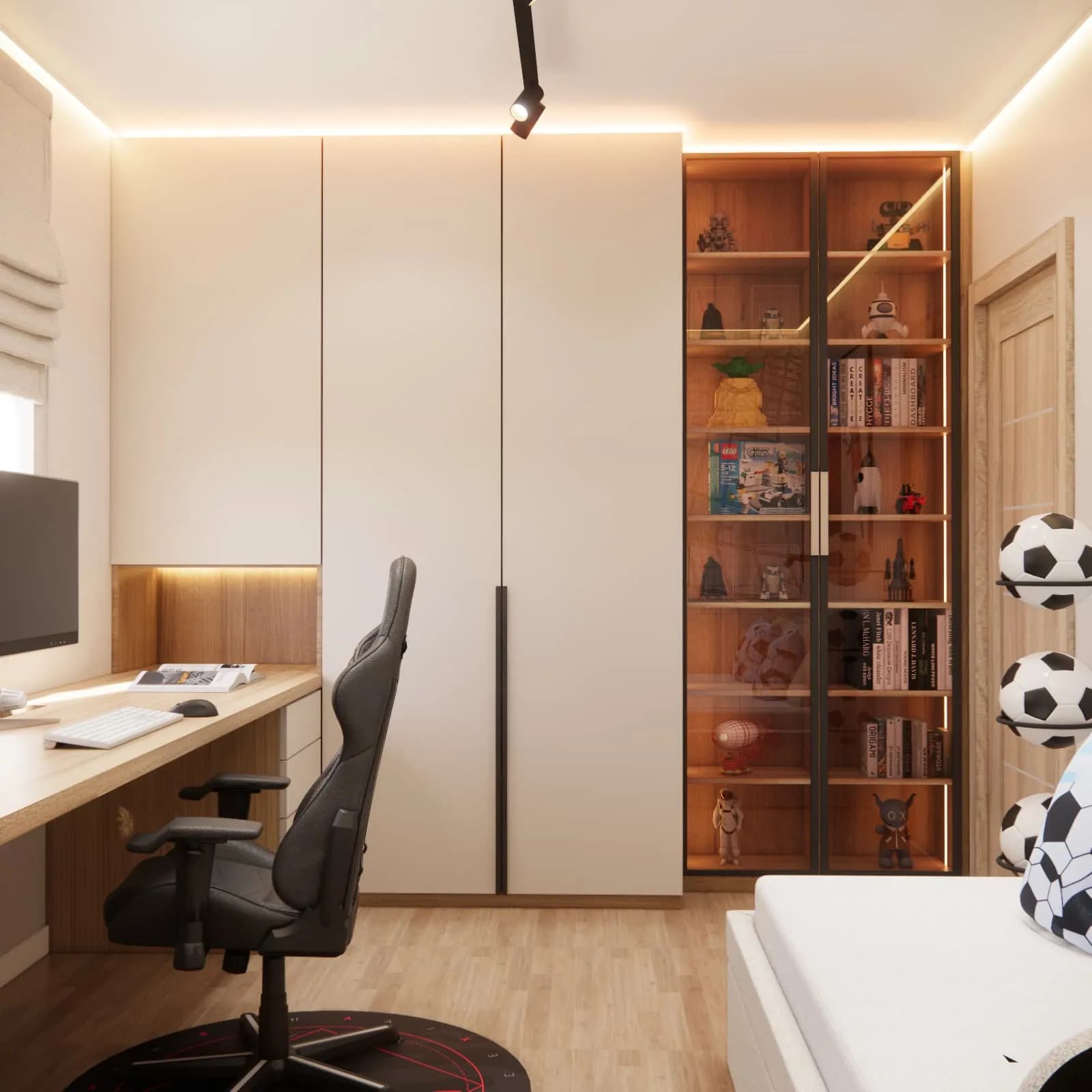 Small 8 m² children’s room with a bed, desk and functional built-in furniture