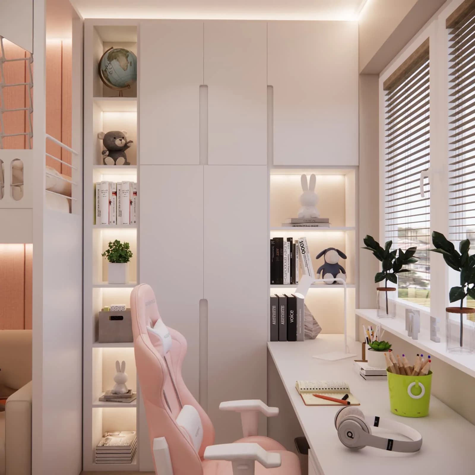 10 m² children’s room – modern arrangement with a desk and wardrobe