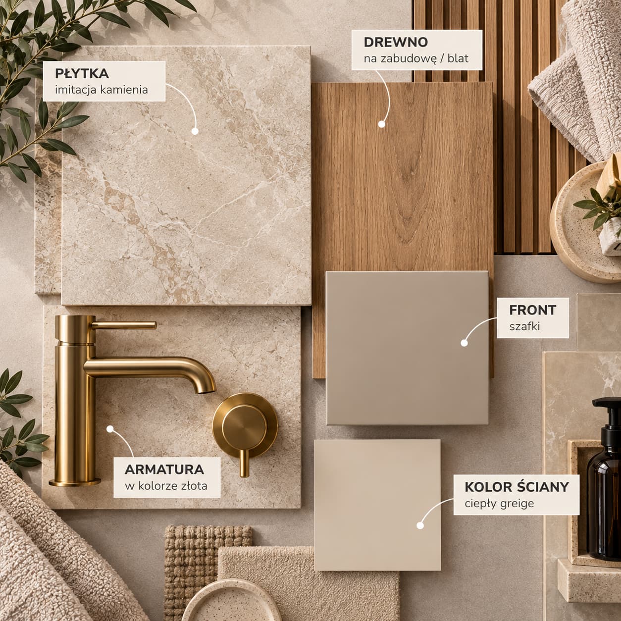 Moodboard materiałowy do projektu łazienki z płytką kamienną drewnem frontem armaturą i kolorem ściany
