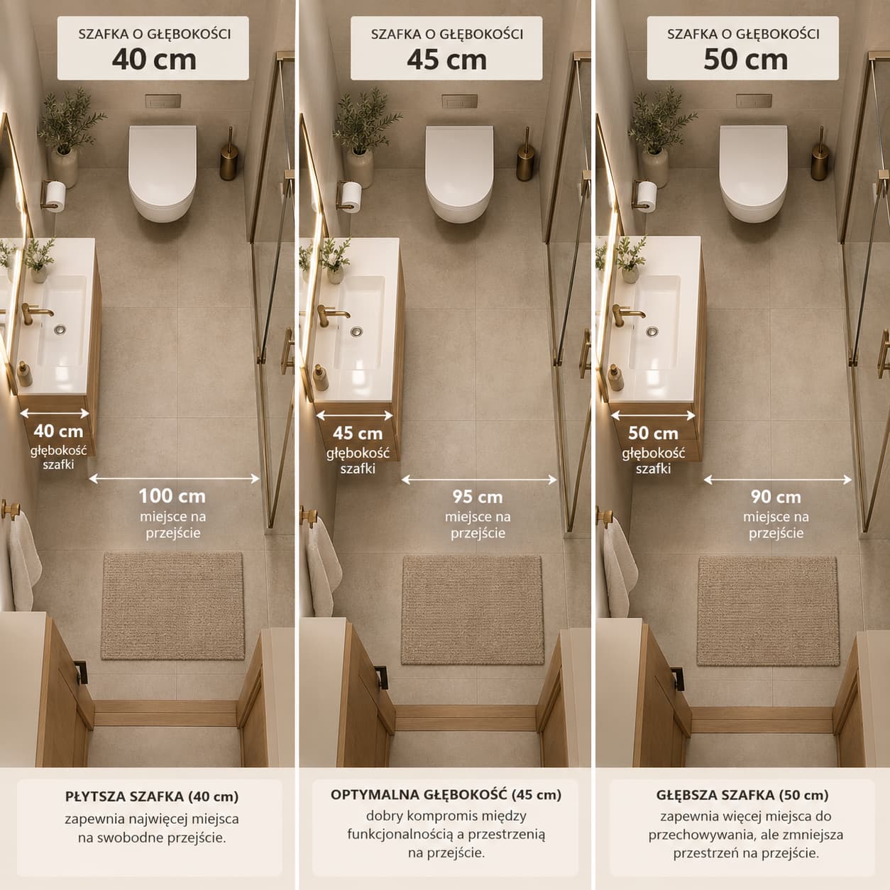 Głębokość szafki łazienkowej 40 45 i 50 cm a wygodne przejście