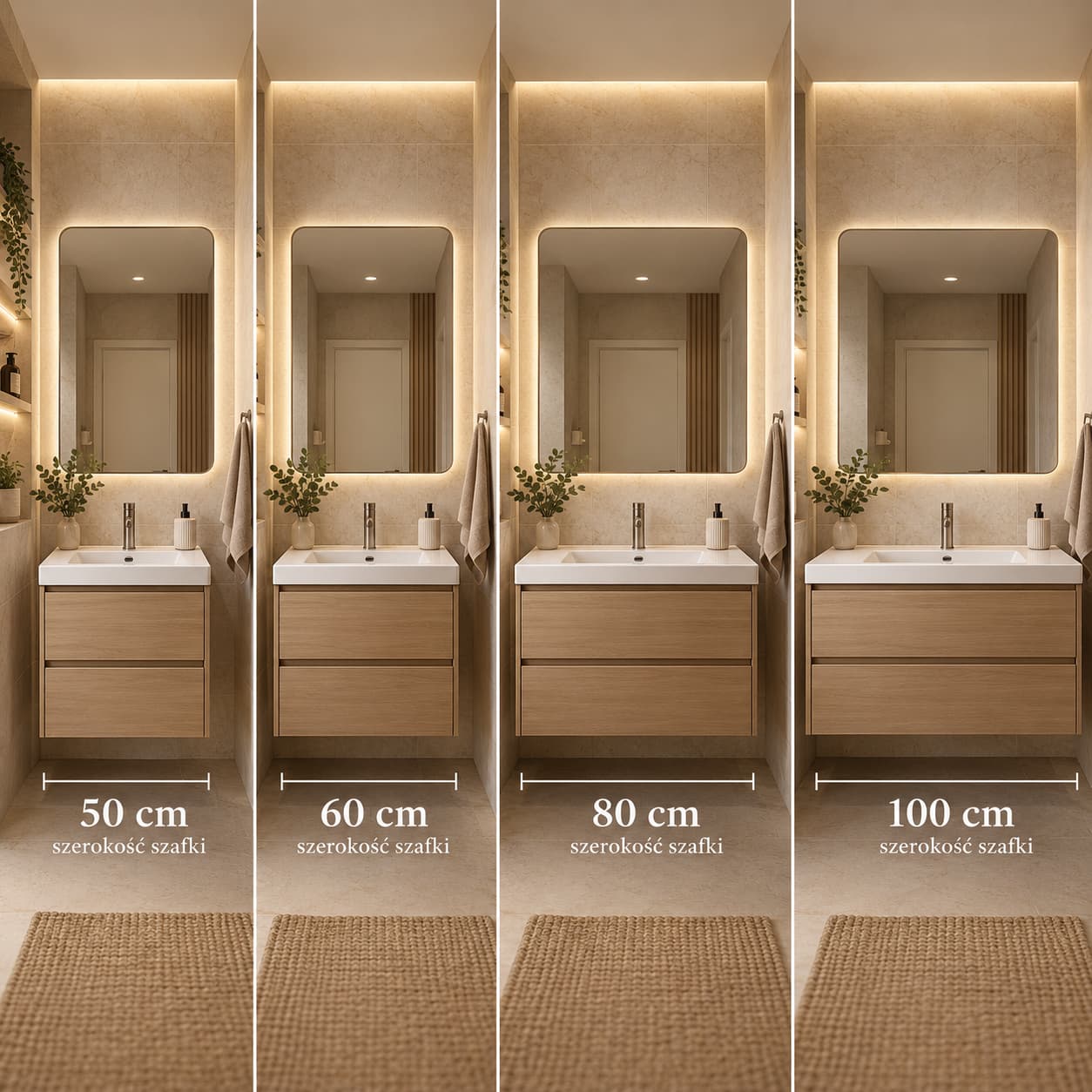 Szerokość szafki pod umywalkę 50 60 80 i 100 cm – porównanie wymiarów