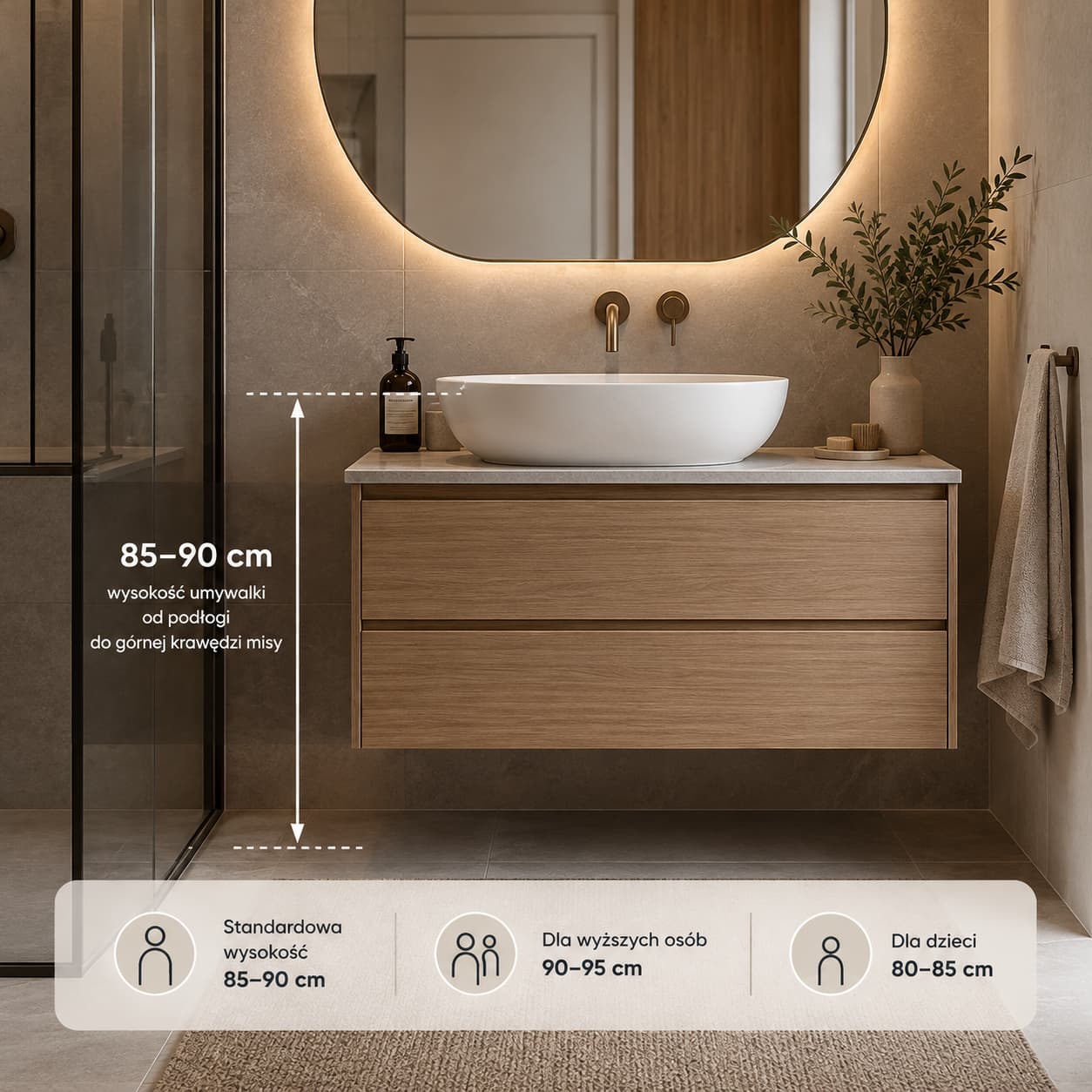 Wysokość umywalki od podłogi 85–90 cm – prawidłowy montaż w łazience