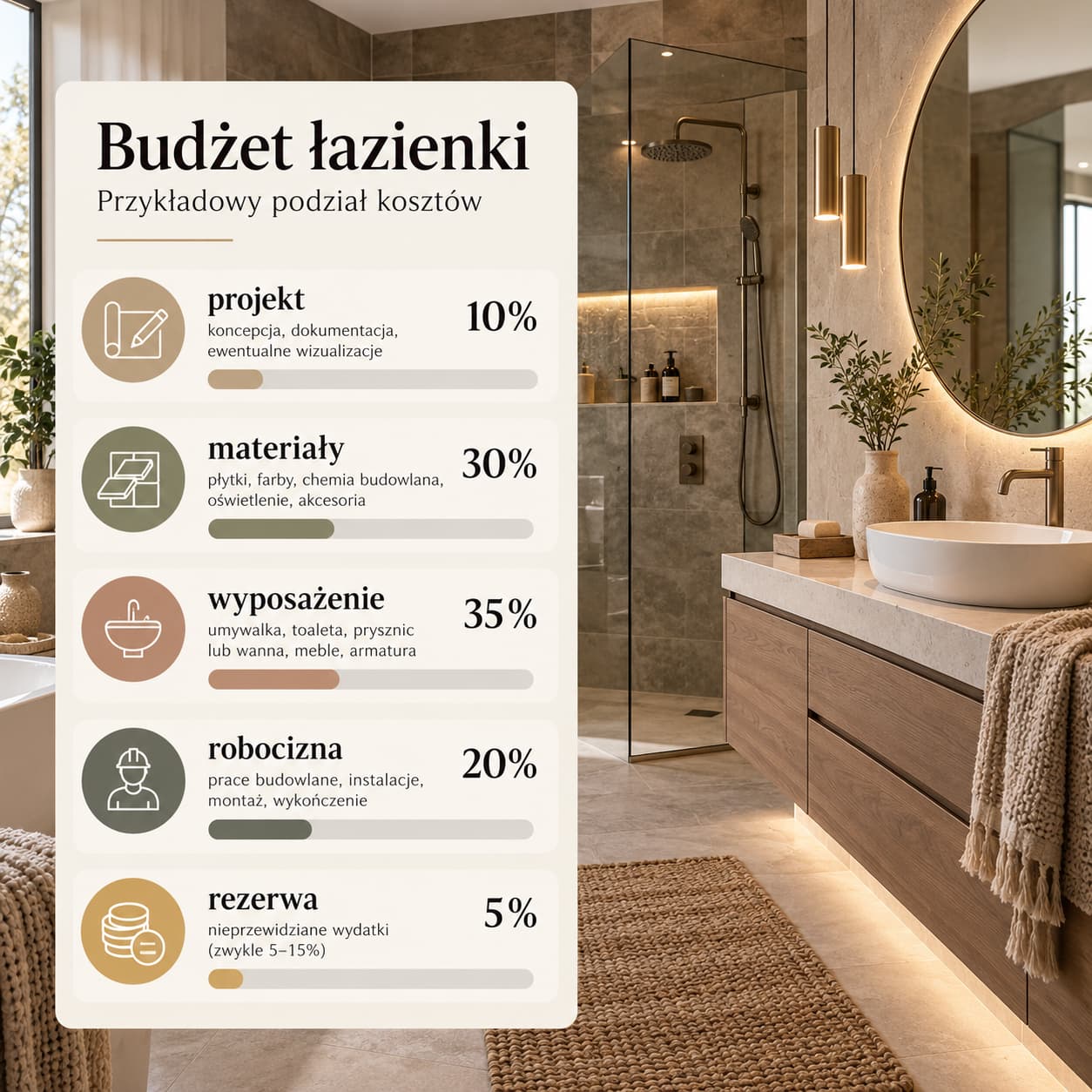 Jak podzielić budżet na łazienkę – materiały wyposażenie robocizna projekt i rezerwa