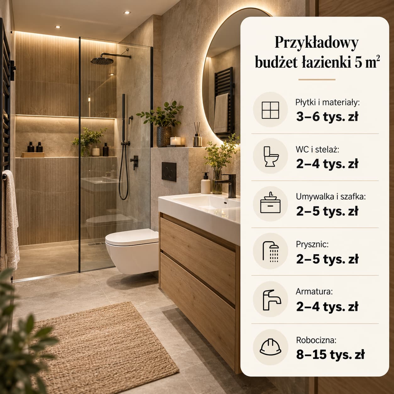 Przykładowy budżet na urządzenie łazienki 5 m2 z podziałem kosztów