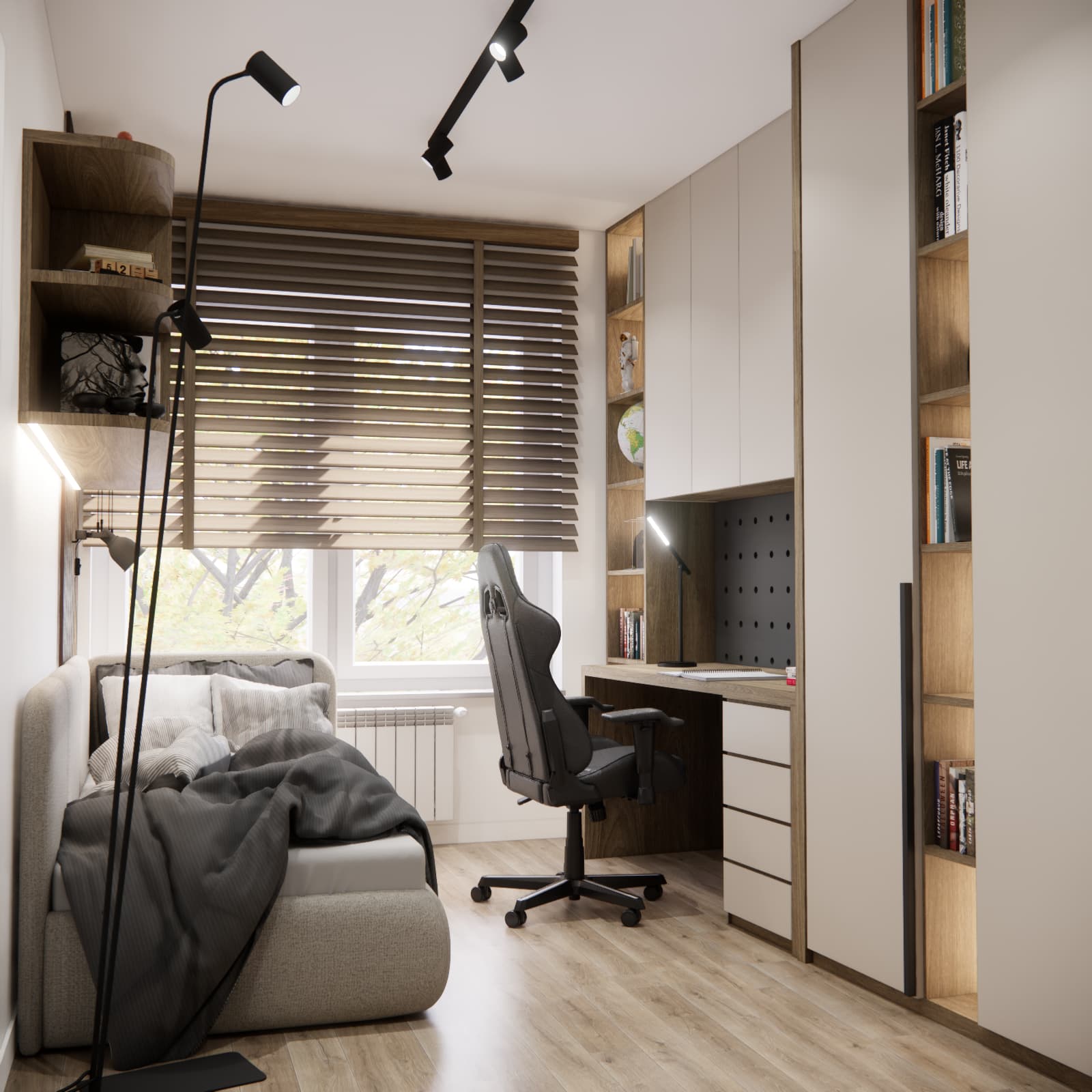Light-coloured cabinetry and neutral tones in Adam’s room, designed for the years ahead