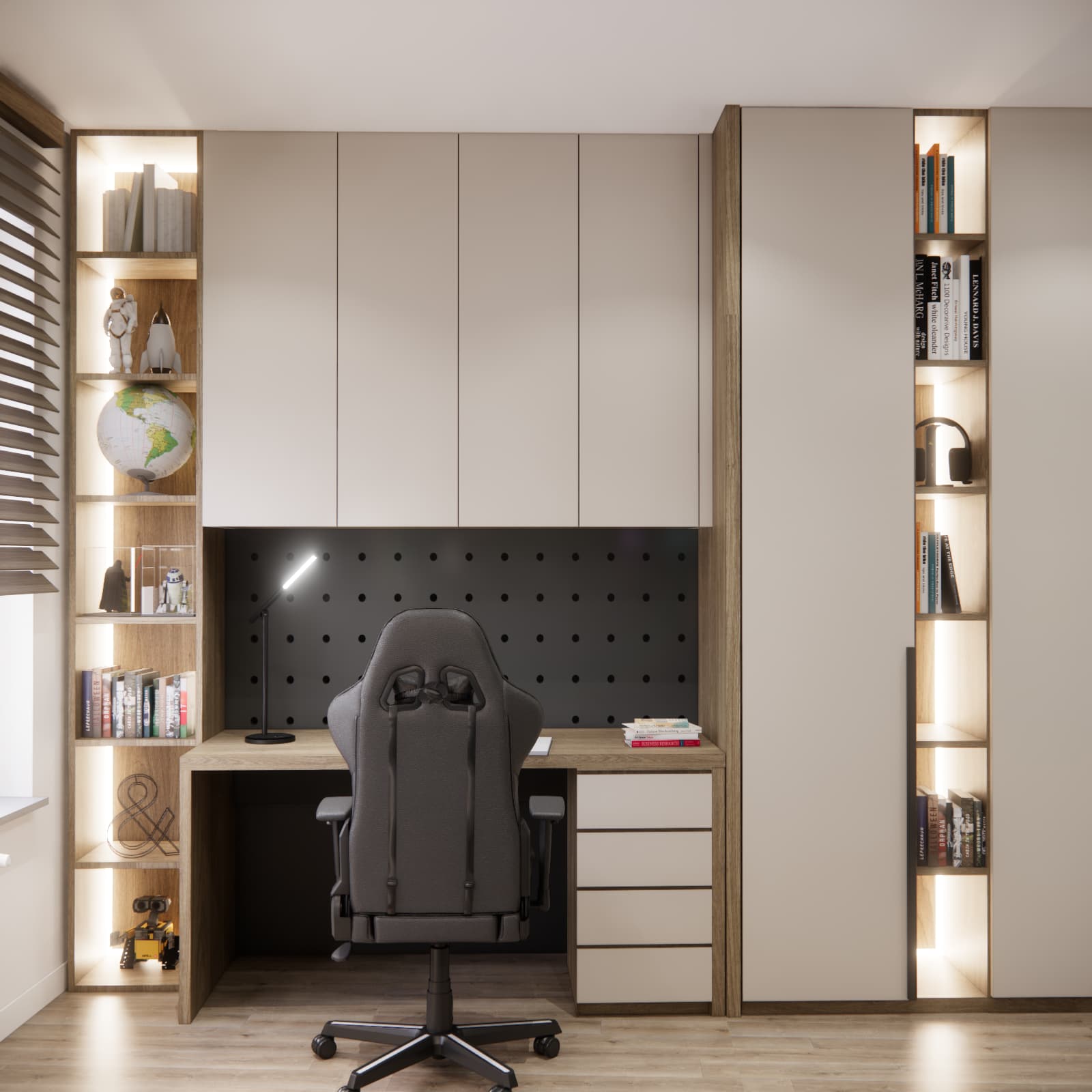 Study area in Adam’s room with a desk, drawers, cabinets and illuminated shelves