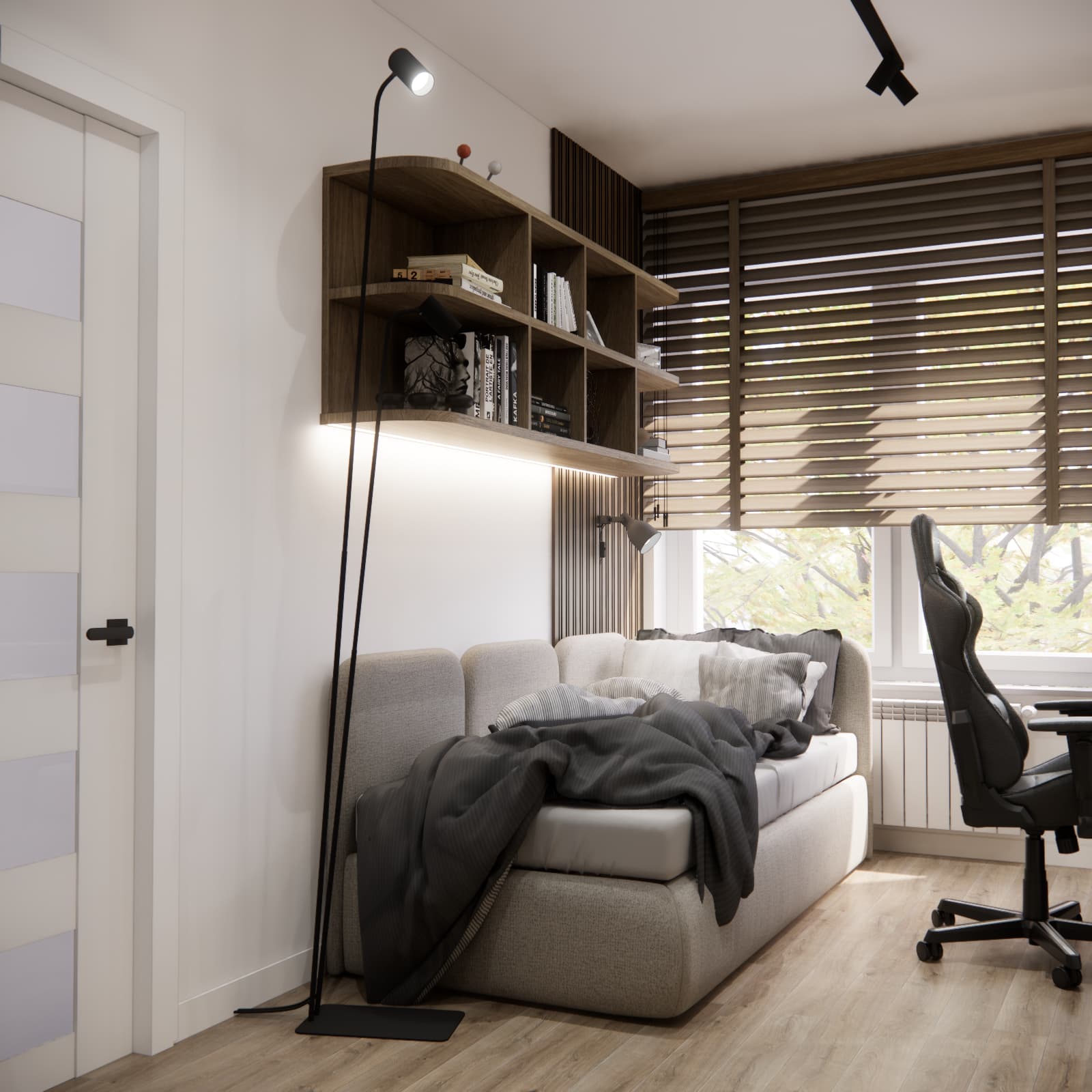 Upholstered bed with shelves and a lamp in the room designed for 10-year-old Adam
