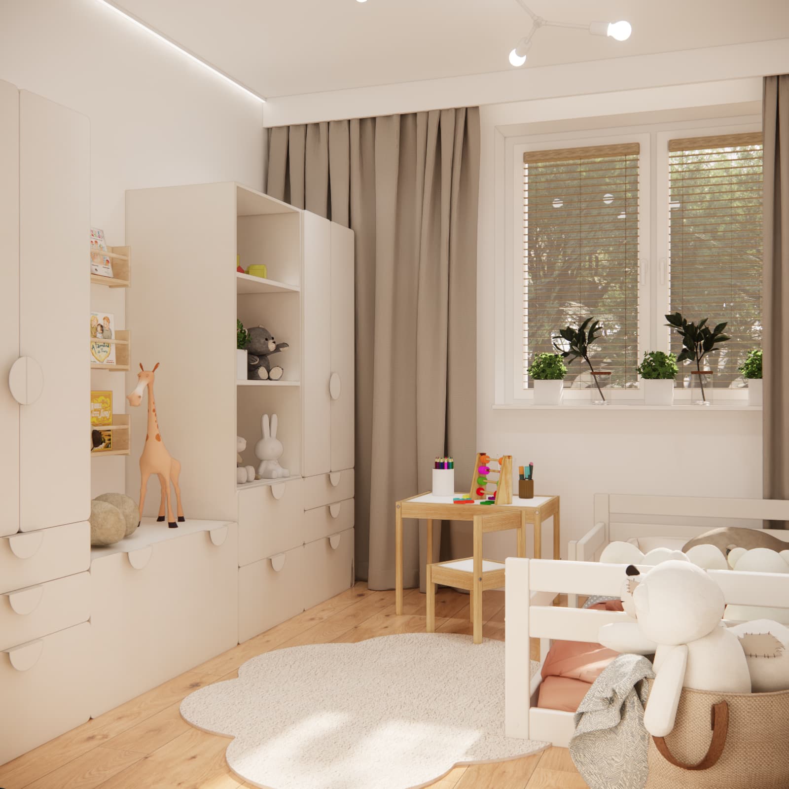 Emilia’s 8.5 m² room with light-colored furniture, a table by the window and a low bed