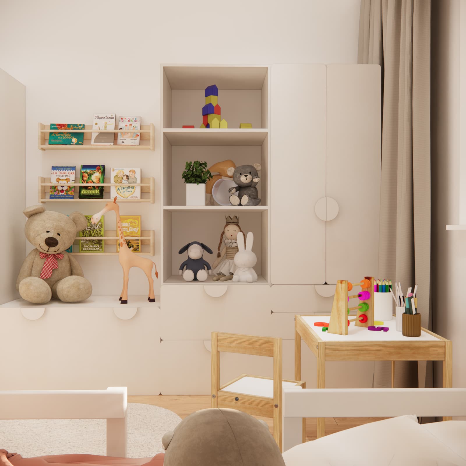 Light-colored storage with shelves for books and toys, and a small table in Emilia’s room