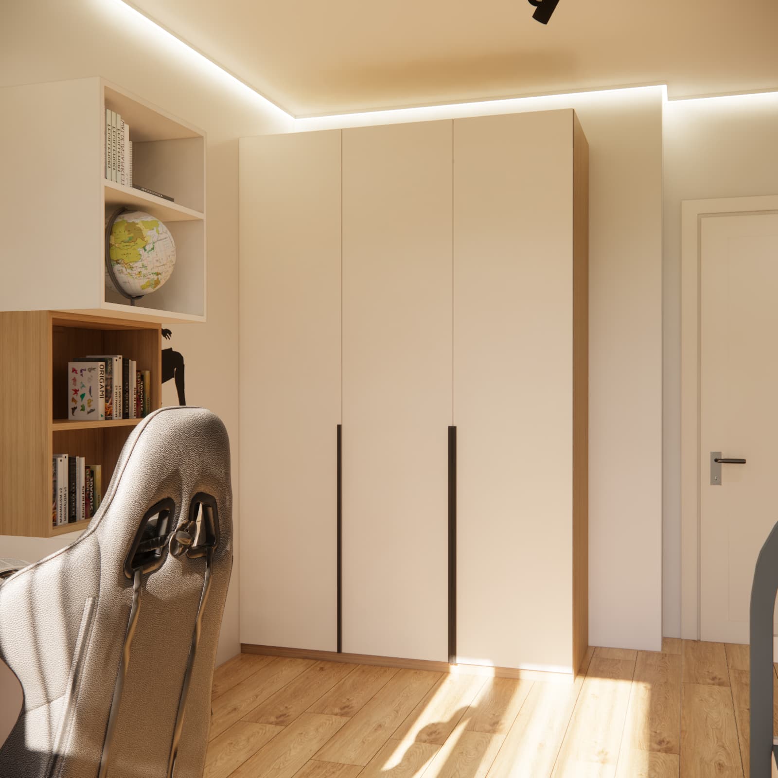 Light-coloured wardrobe and bookcase in nine-year-old Teodor’s room in Warsaw
