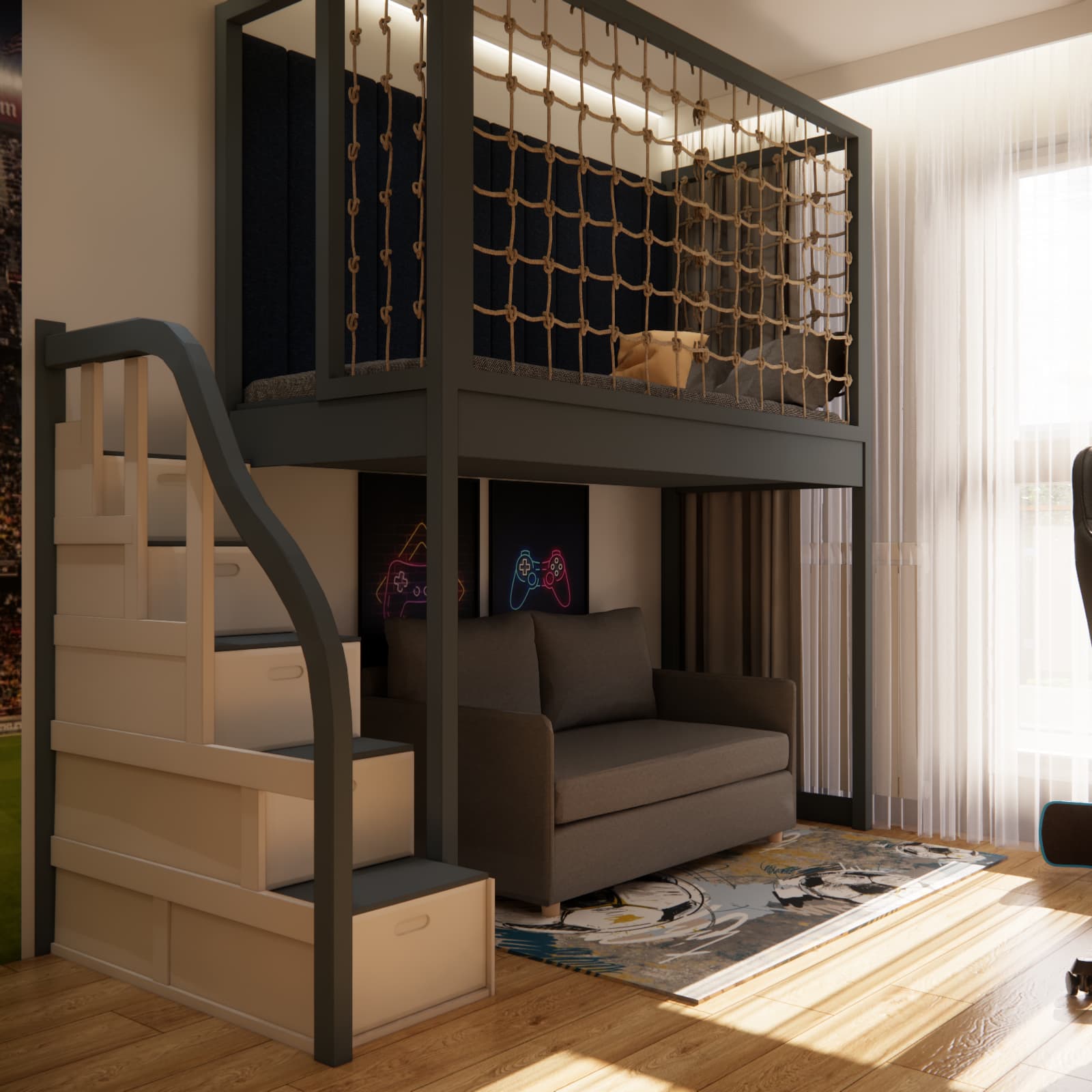 Raised bed with a safety net and a relaxation area underneath in Teodor’s room