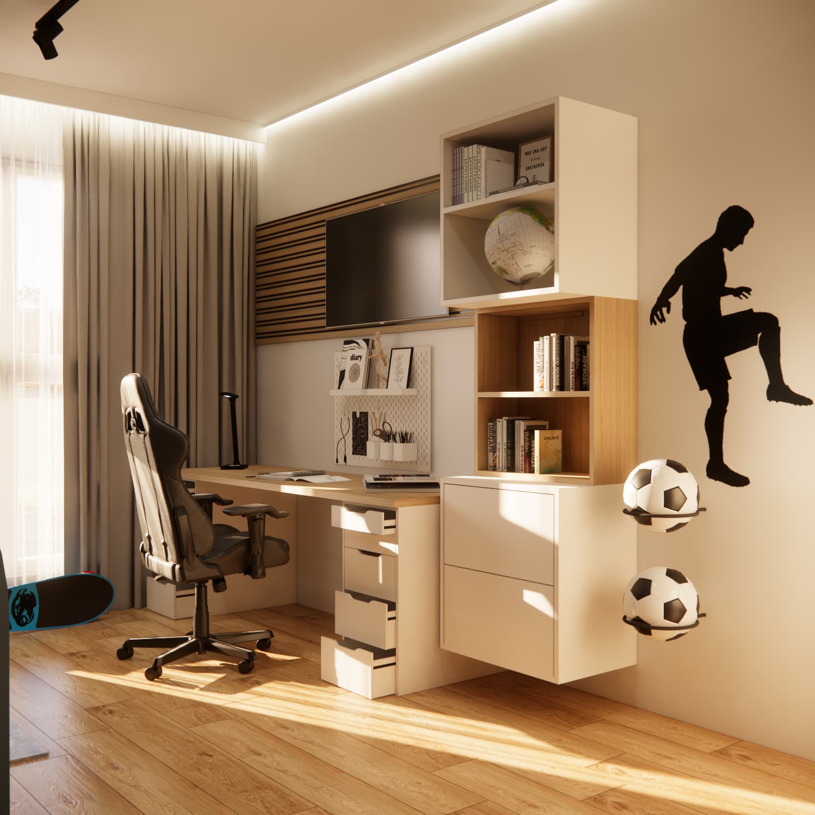 Room for nine-year-old Teodor in Warsaw with a desk, shelving and football accents