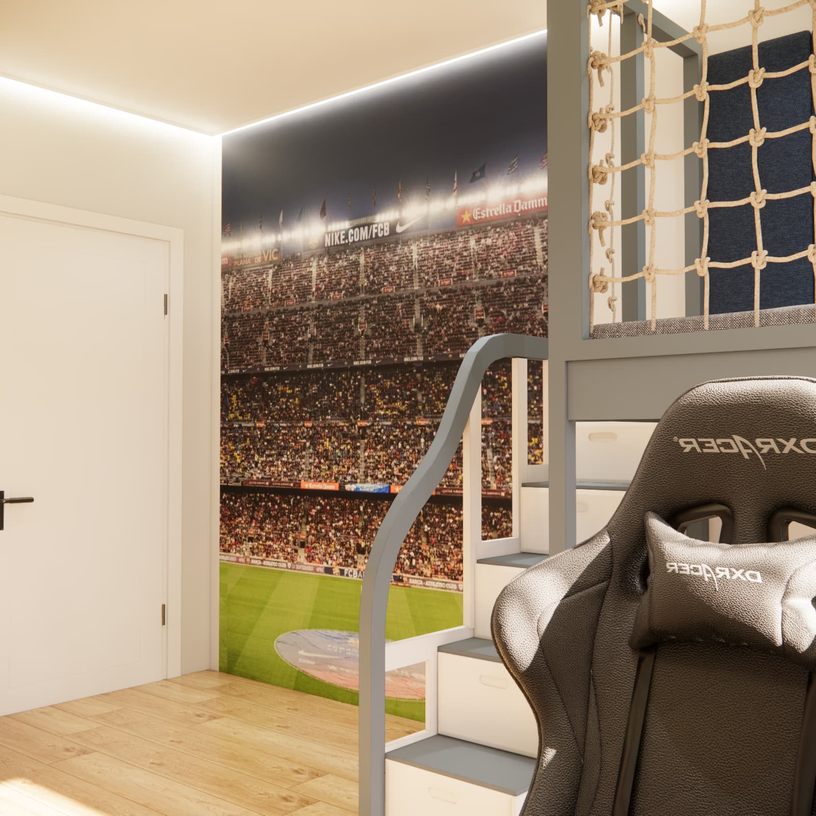 Stadium wall mural and football decorations in Teodor’s room with a raised bed