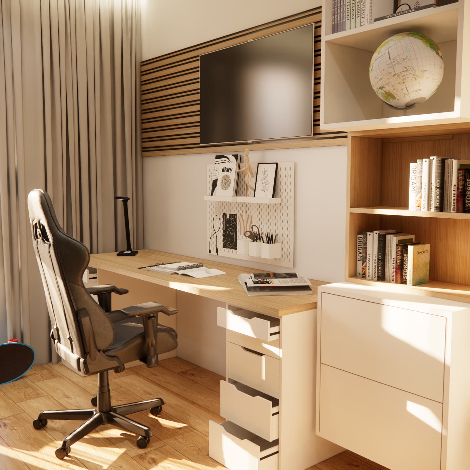 Biurko z szufladami i tablicą organizacyjną w pokoju Teodora o powierzchni 11,16 m²