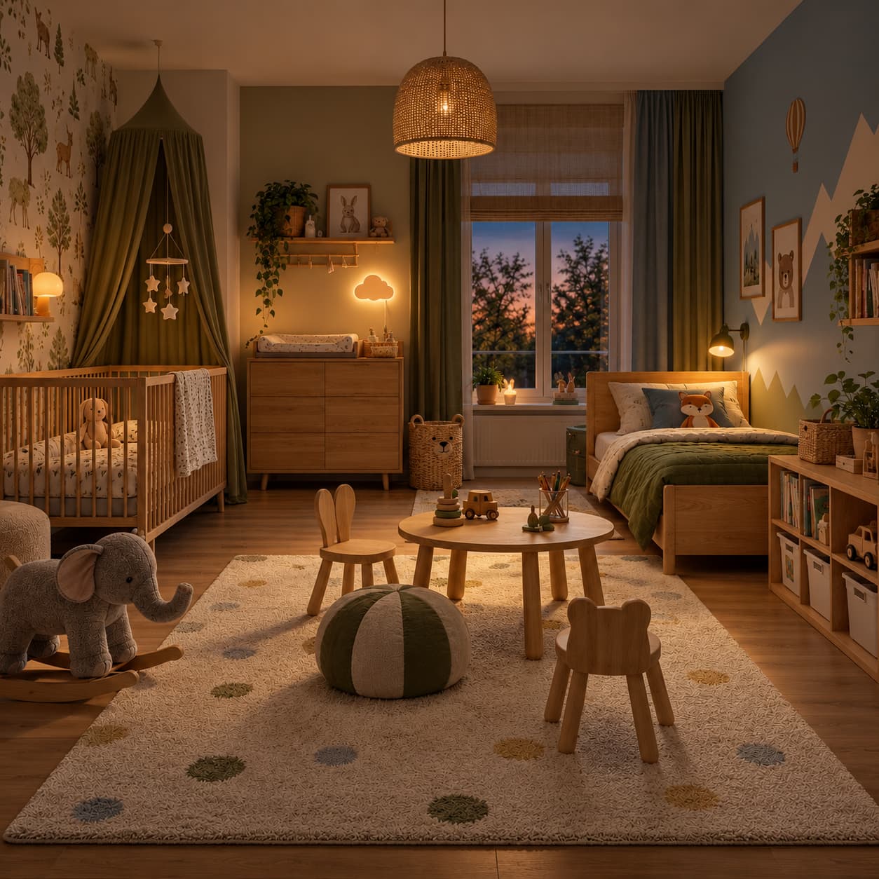 Wspólny pokój rodzeństwa z niezależnym oświetleniem nocnym oraz lampką do czytania starszego dziecka.