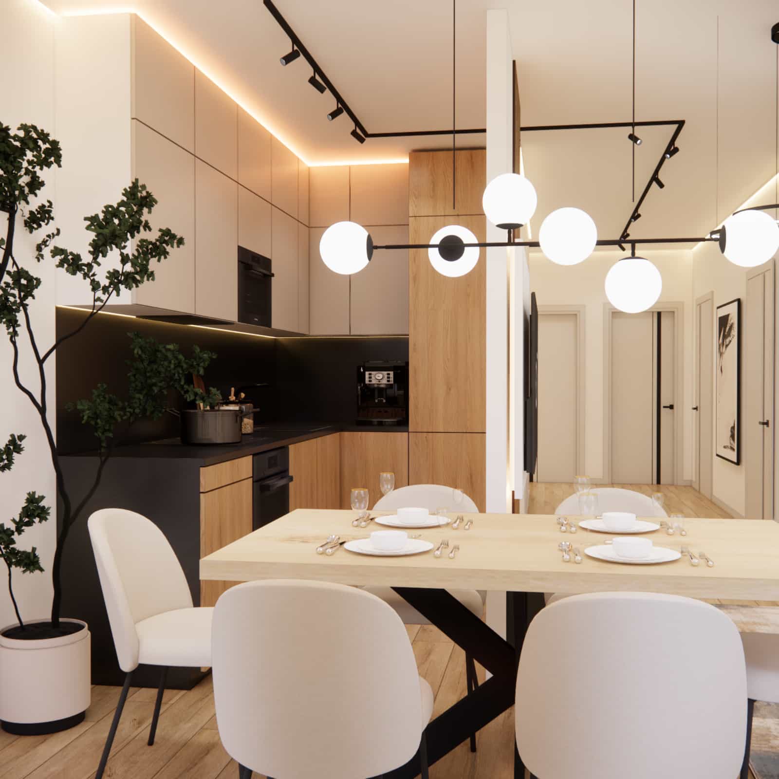 Kitchen annex in a living room 23,8 m2 – cashmere-colored cabinetry with wood, black countertops, and modern interior design