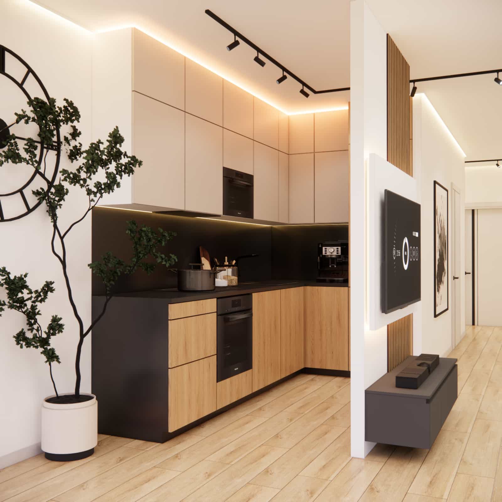 Kitchen annex detail – custom cabinetry, black finishes, and cohesive cashmere, beige, and black color palette