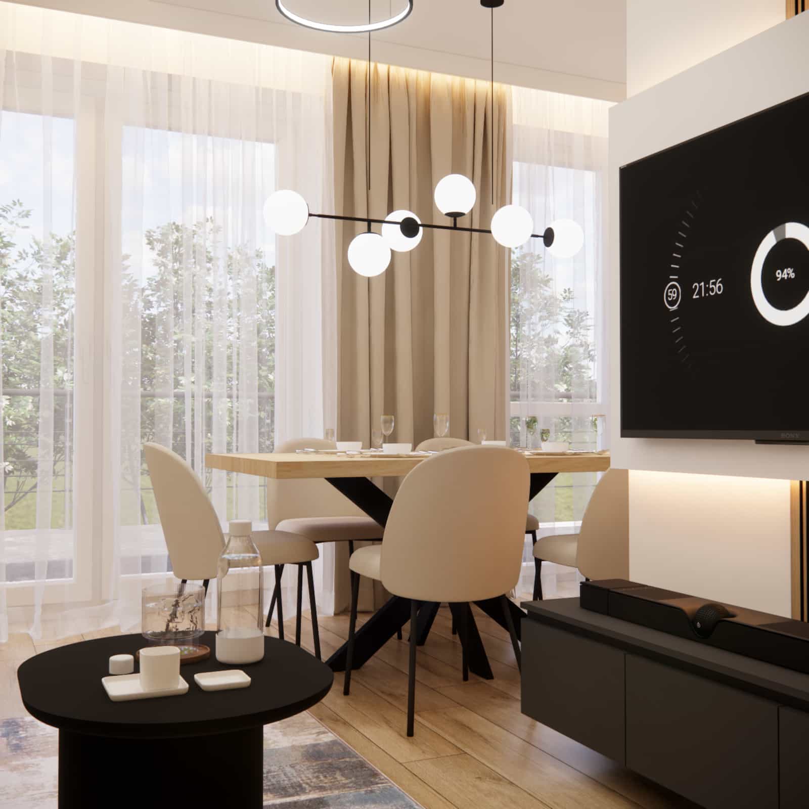 Lighting in a living room with a kitchen annex 23,8 m2 – pendant lamps, linear lighting, and atmospheric interior design