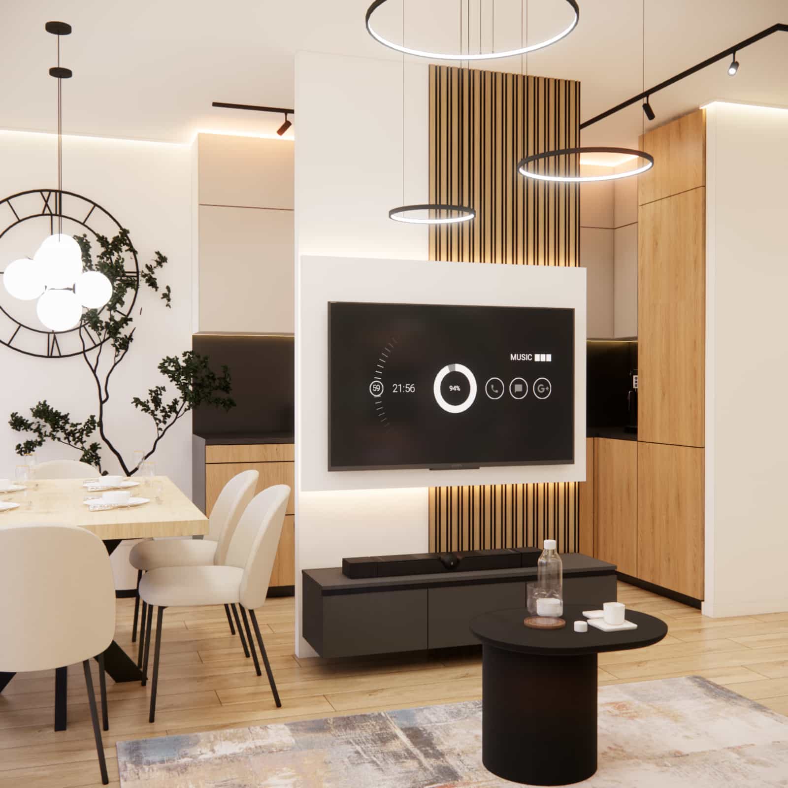 Open-plan living room with a kitchen annex 23,8 m2 – cohesive interior design with a clear division into zones