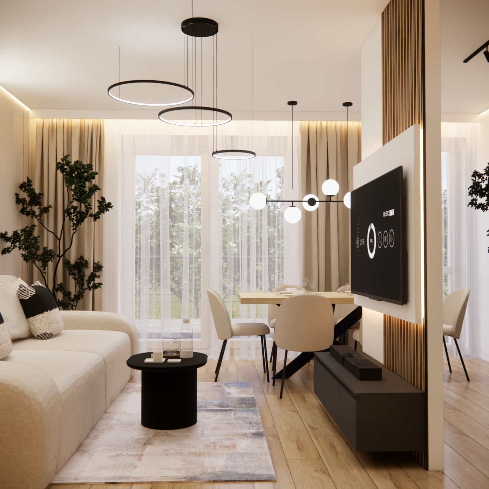Living room with a kitchen annex 23,8 m2 – bright interior design with a defined relaxation and dining area