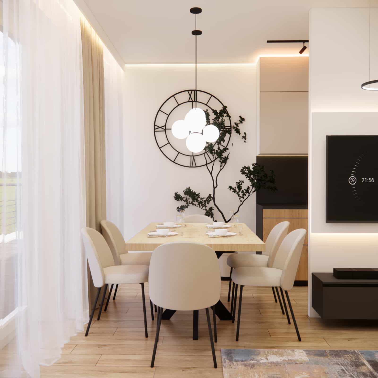 Dining area in a living room with a kitchen annex 23,8 m2 – wooden table, upholstered chairs, and natural light