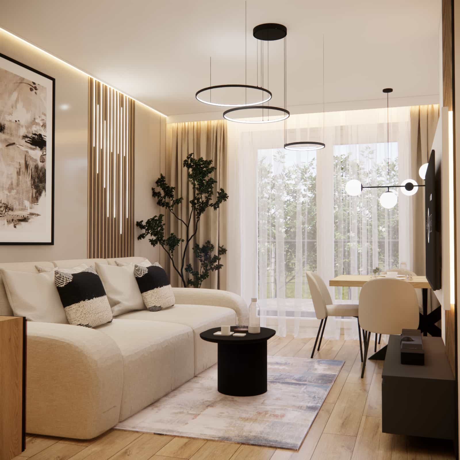 Relaxation zone in a living room with a kitchen annex 23,8 m2 – sofa, TV wall with wooden slats, and warm lighting
