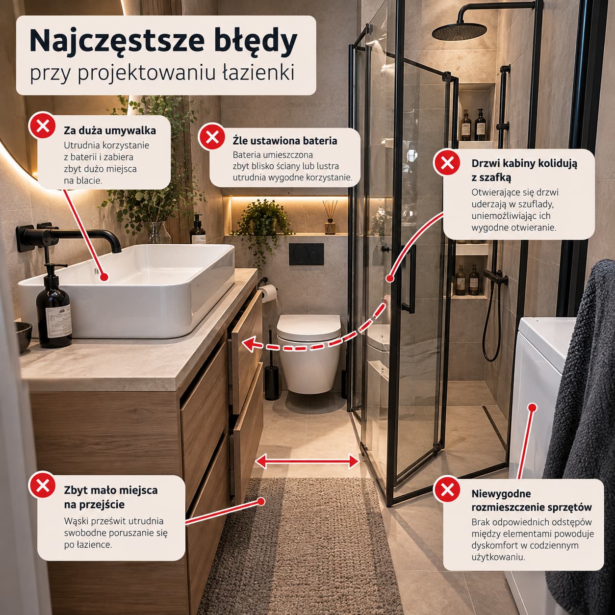 Błędy przy projektowaniu łazienki – za duża umywalka, źle ustawiona bateria, kolizja drzwi kabiny i zbyt mało miejsca na przejście
