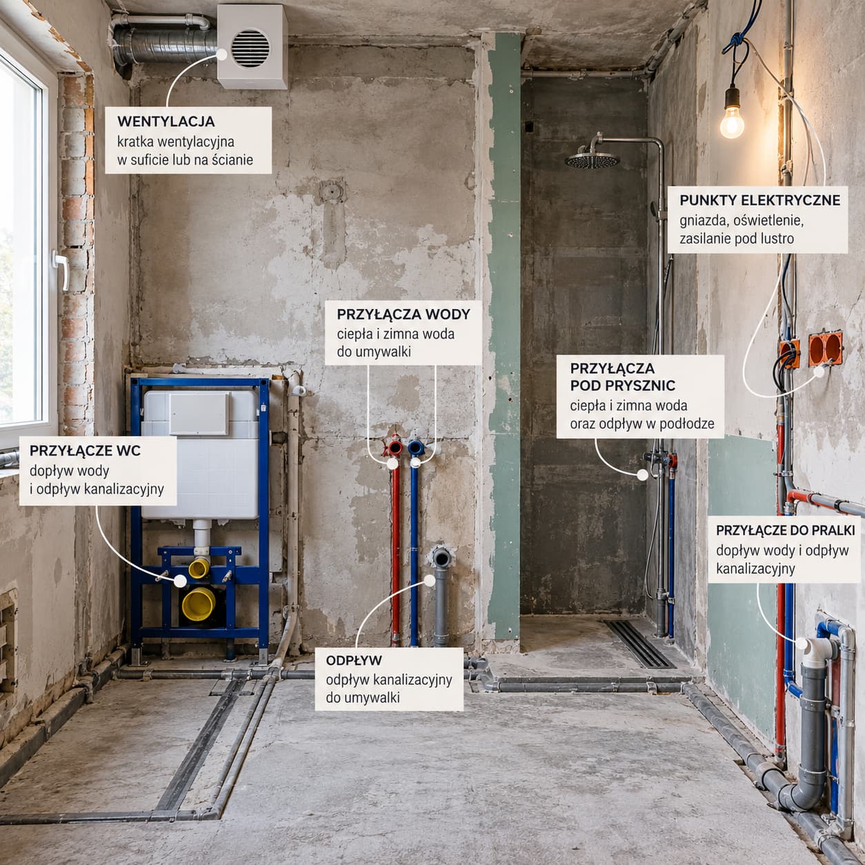 Instalacje wodne, kanalizacyjne i elektryczne przed projektem łazienki
