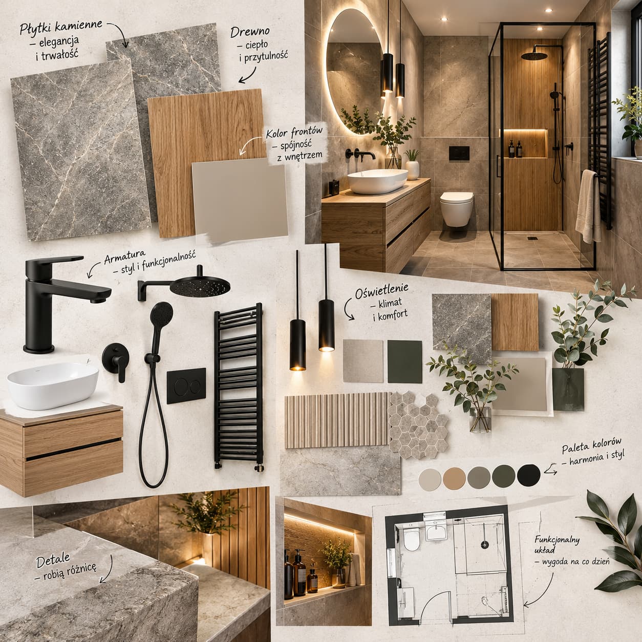 Inspiracje do projektu łazienki – moodboard z płytkami kamiennymi, drewnem, kolorami frontów, armaturą i oświetleniem