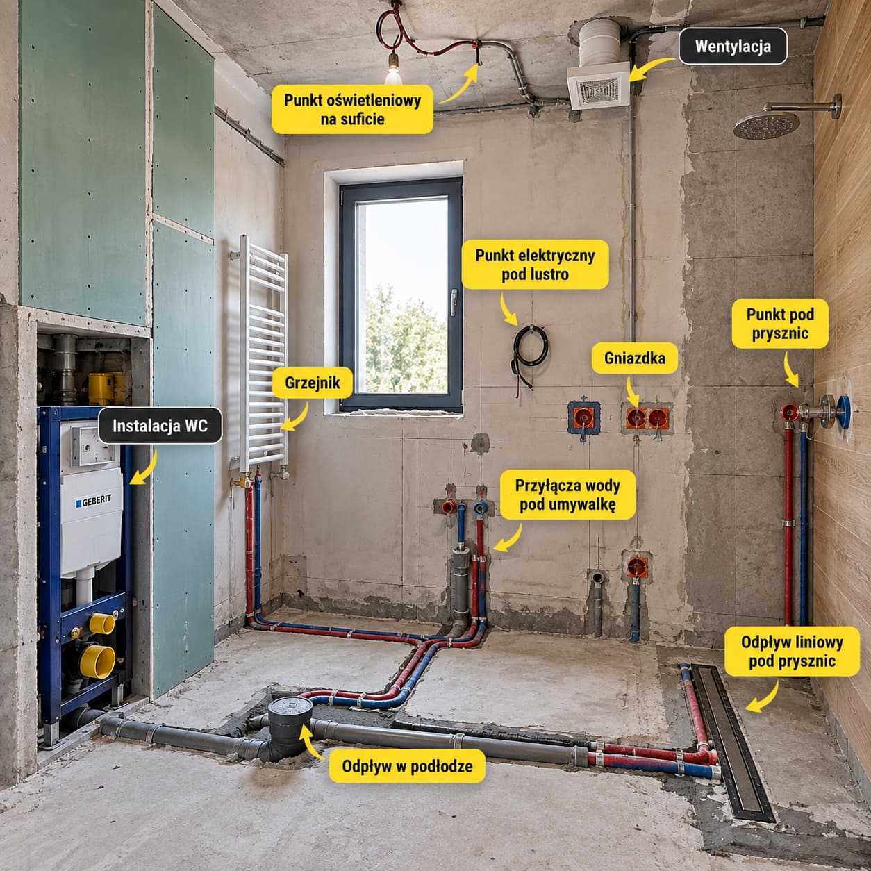 Instalacje w łazience przed projektem – przyłącza wodne, odpływy, gniazdka, punkty elektryczne i wentylacja