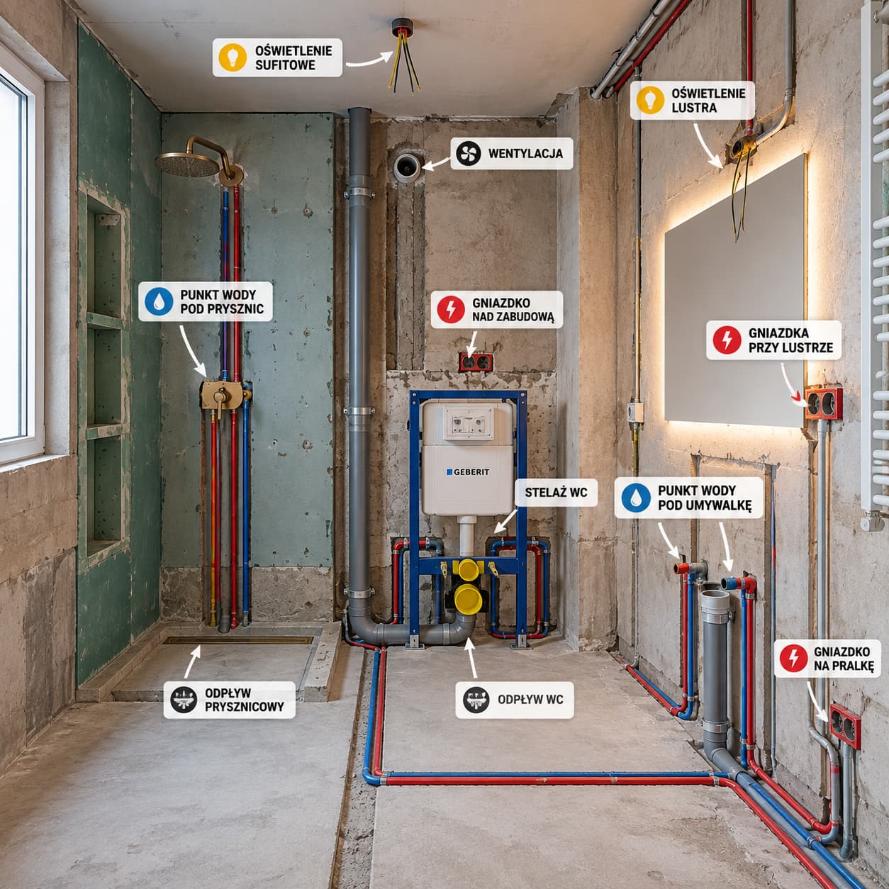 Instalacje wodne, odpływy i punkty elektryczne zaplanowane przed remontem łazienki