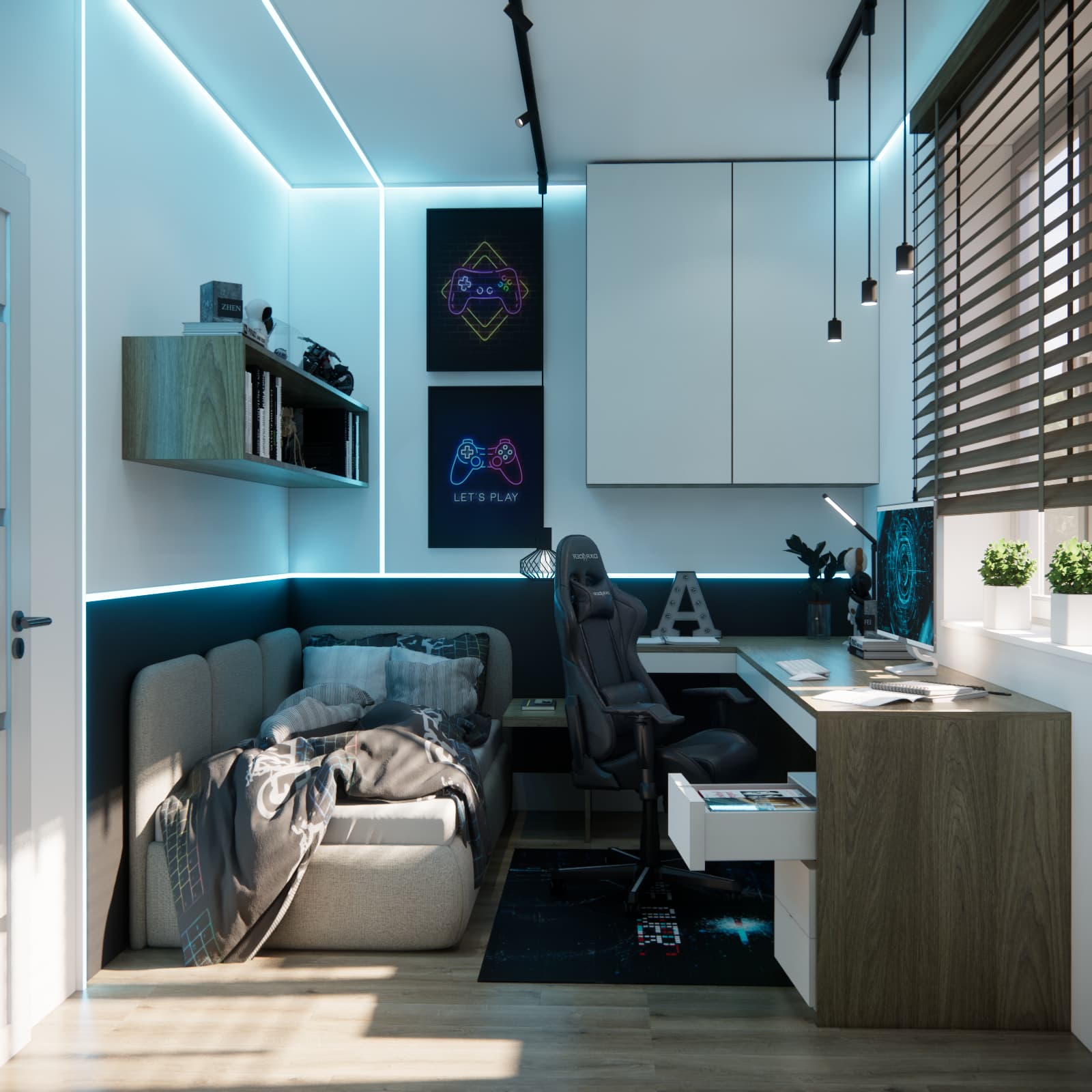 Grey upholstered bed in Janek’s room with a bookshelf and blue accent lighting on the walls