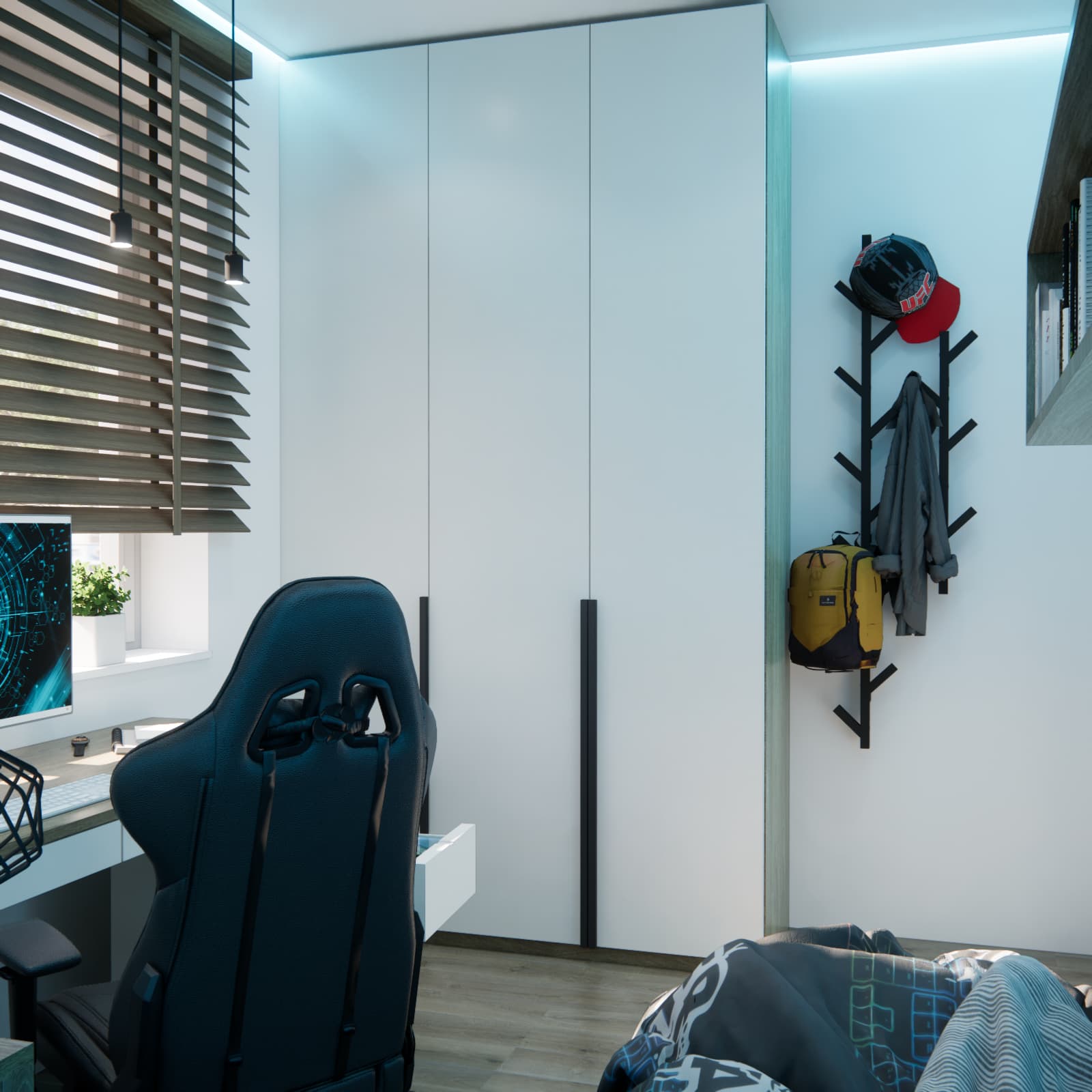 Tall white wardrobe and black wall-mounted rack for a backpack and clothes in 10-year-old Janek’s room