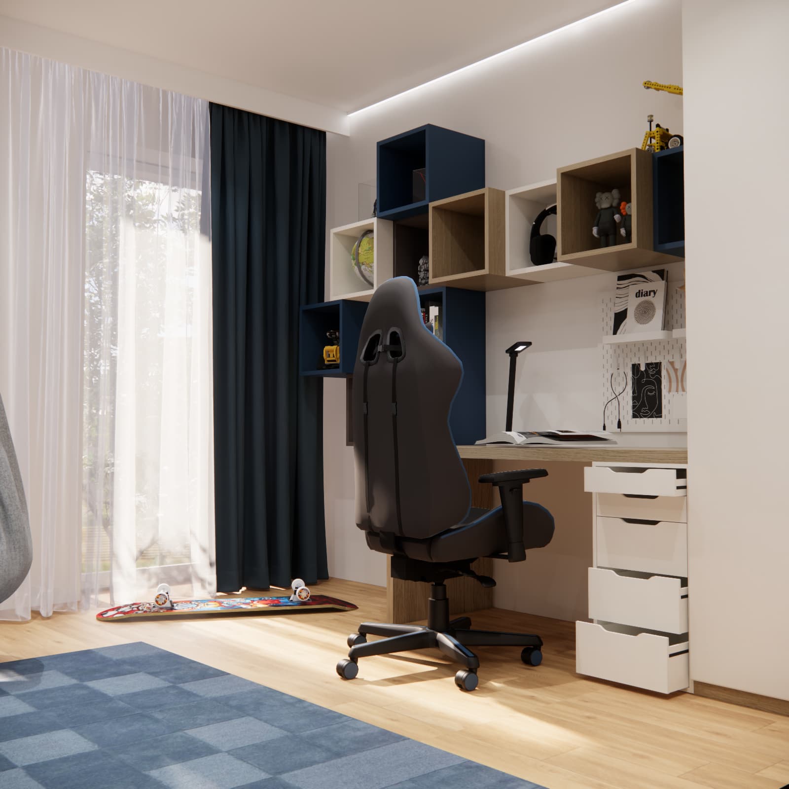 Desk beside a large window with a navy curtain, desk chair and drawers in Ignacy’s room