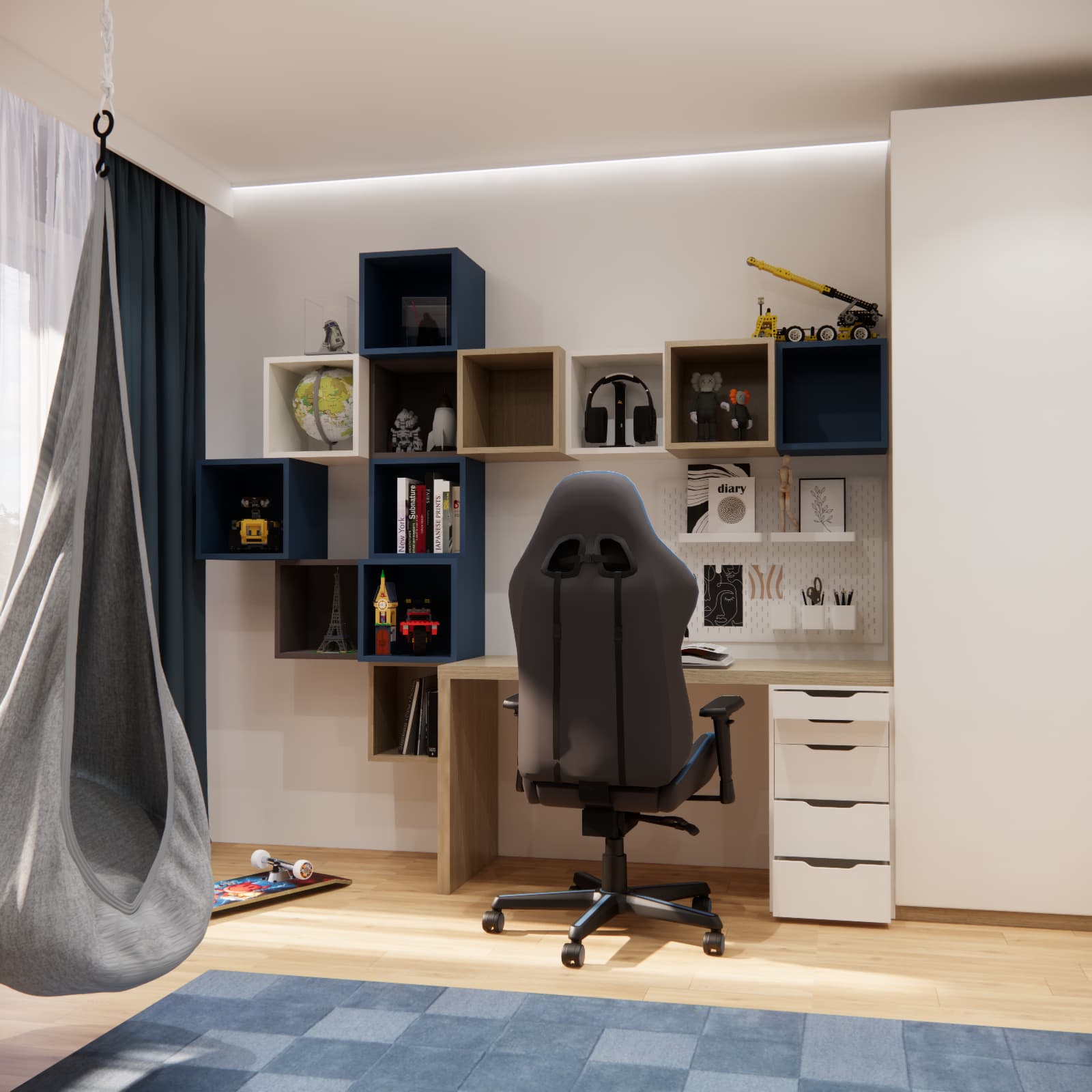 Ignacy’s study area with a desk, an asymmetrical shelf arrangement and a grey cocoon chair beside the window