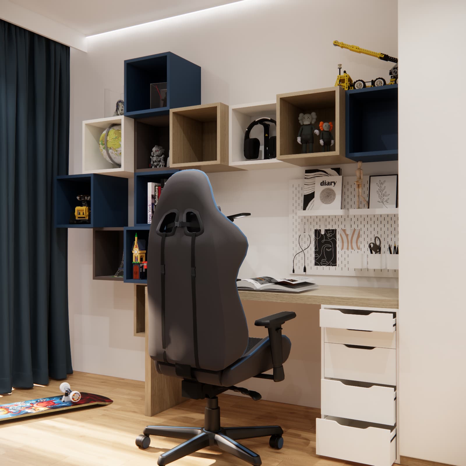 Navy, white and wood-effect modular shelves above a desk with a white drawer unit