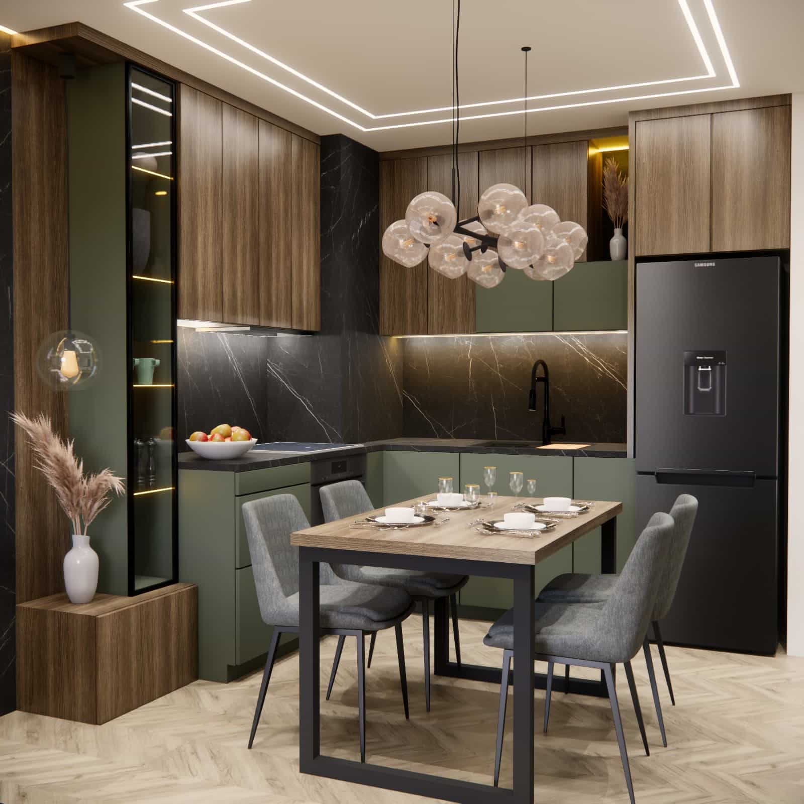 Small 7 m2 kitchen with a tall display cabinet with LED lighting, wooden cabinetry, olive green fronts, and a dining table.