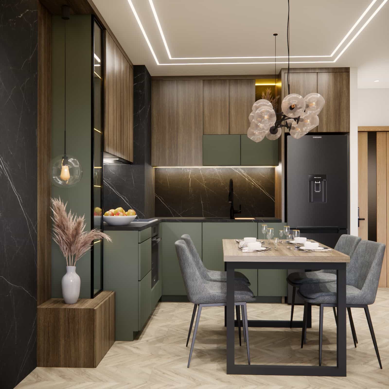 Open 7 m2 kitchen in an L-shaped layout with green fronts, wooden cabinetry, black stone, and a dining table for four people.