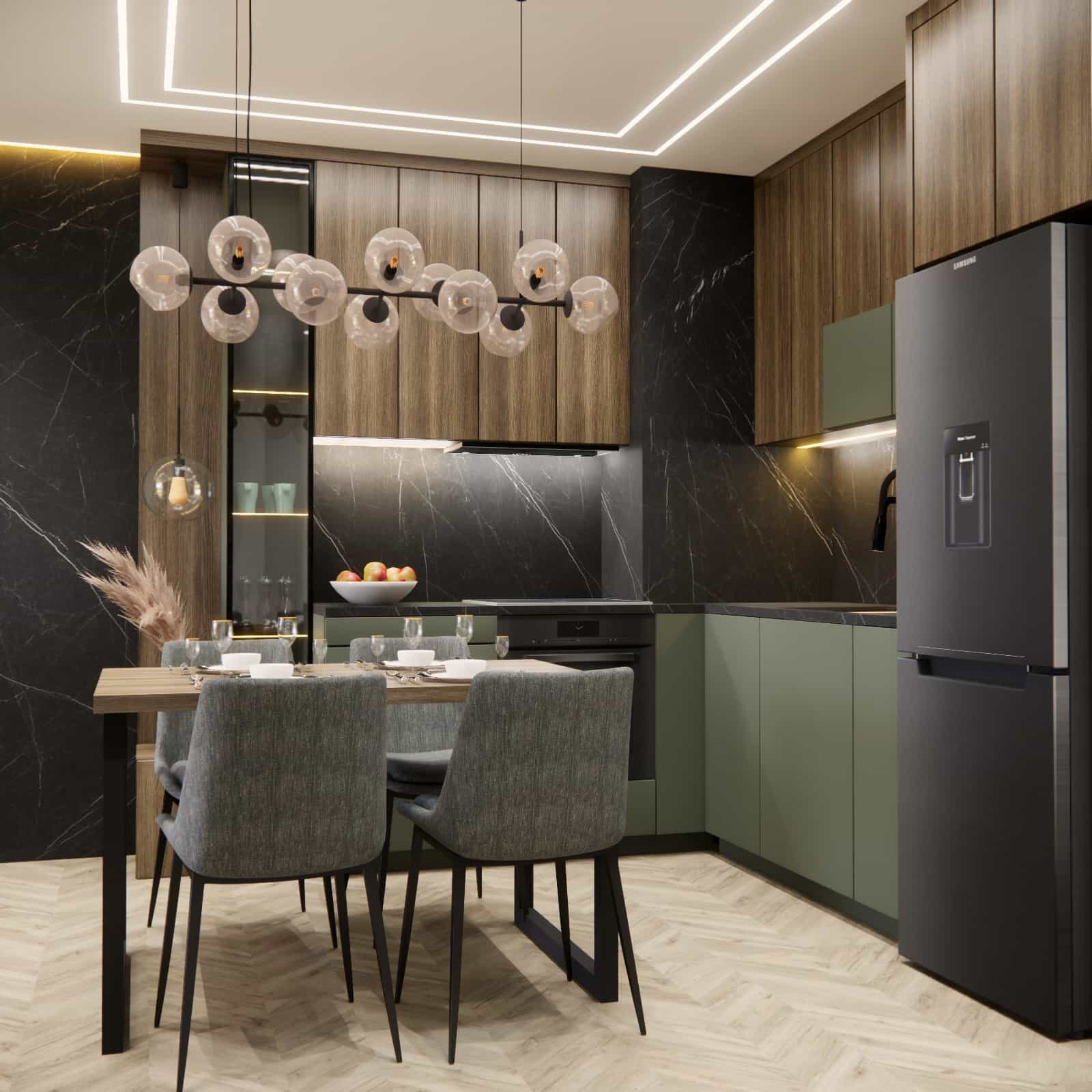 Small open 7 m2 kitchen with linear LED lighting, a black refrigerator, and a dining table next to the cabinetry.