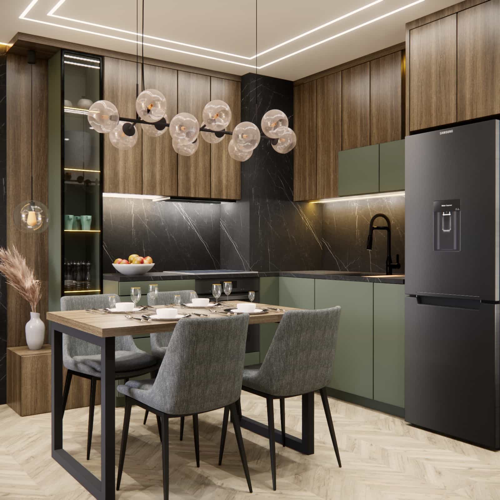 Open 7 m2 kitchen in an L-shaped layout with decorative lighting.