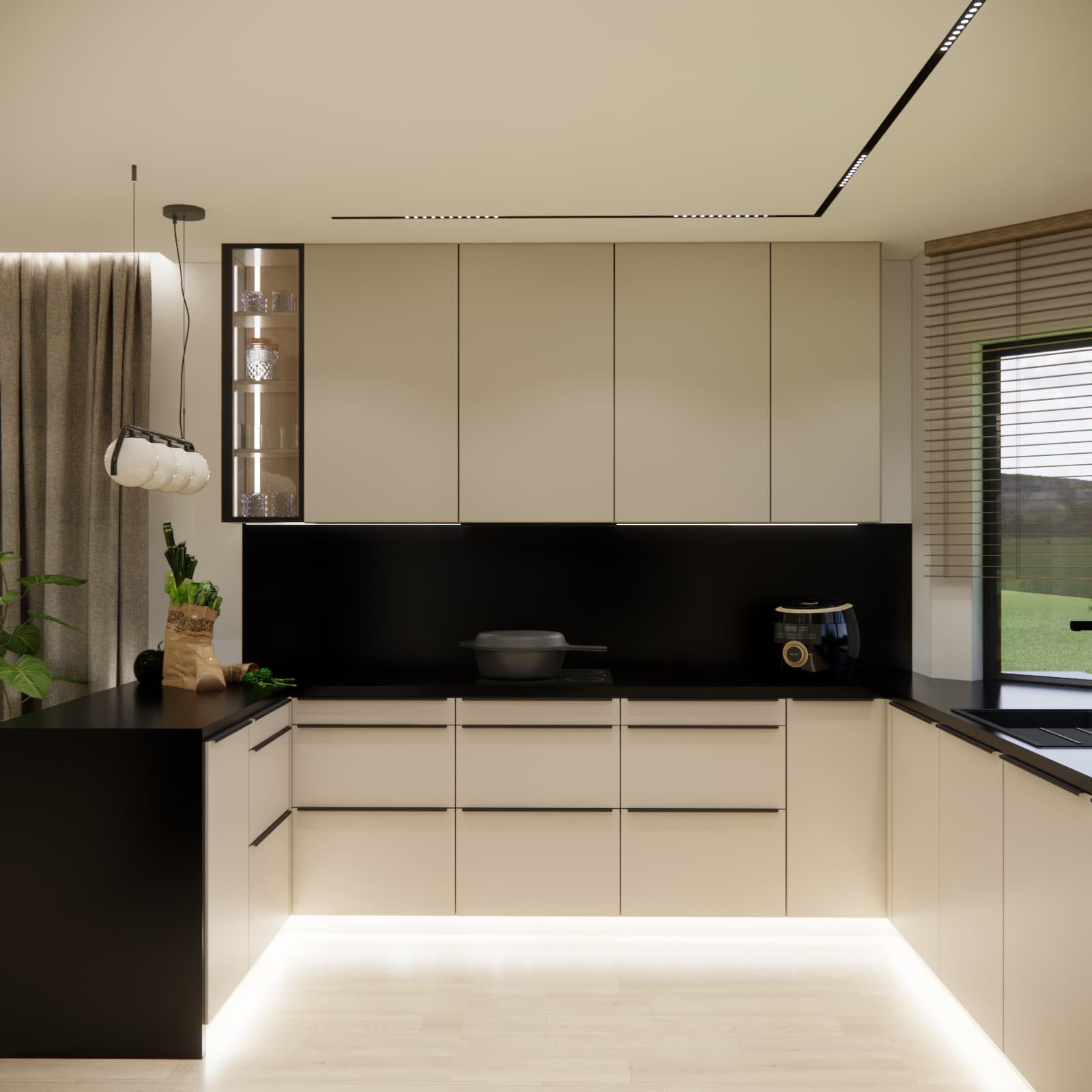 Kitchen cabinetry with light fronts, a black backsplash panel, and a cooktop on the central countertop
