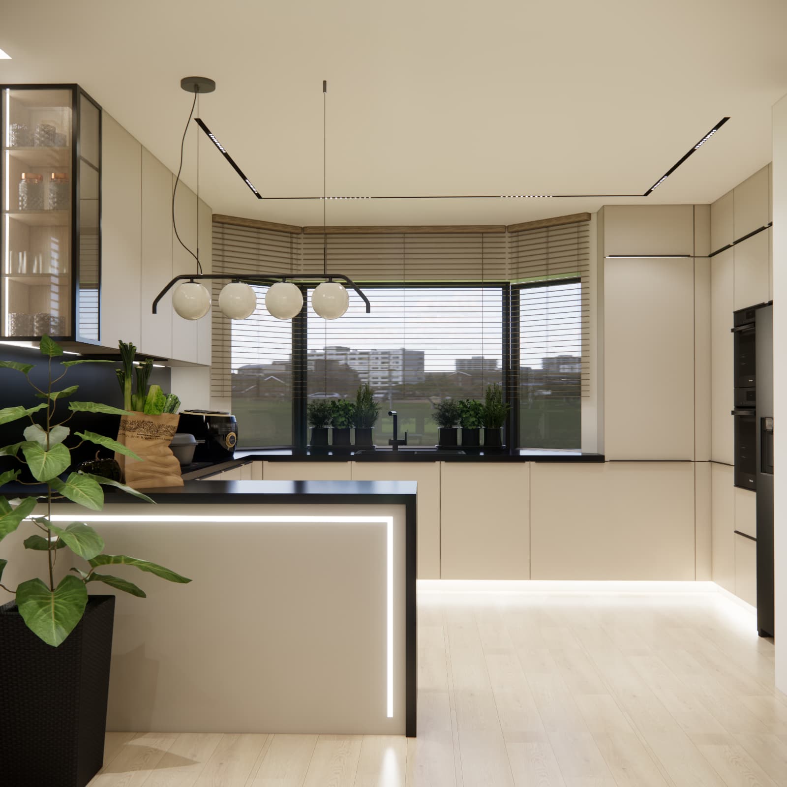 View of a U-shaped kitchen with an LED-lit peninsula, large corner window, and light-colored cabinetry